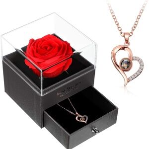 Eternal Red Rose Gift Box with Rose Gold Heart Pendant Necklace